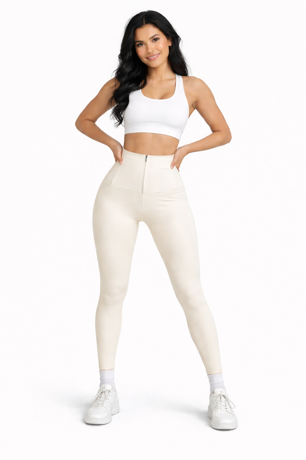 Formende High-Waist Leggings mit Reißverschluss Creme
