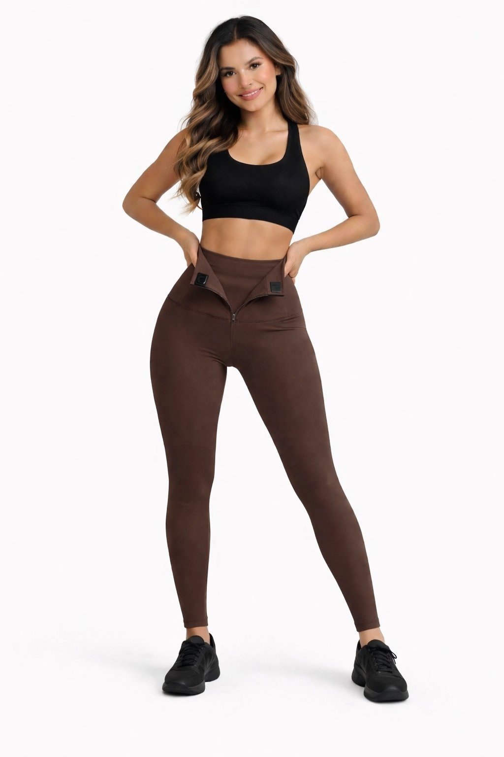 Formende High-Waist Leggings mit Reißverschluss Schoko