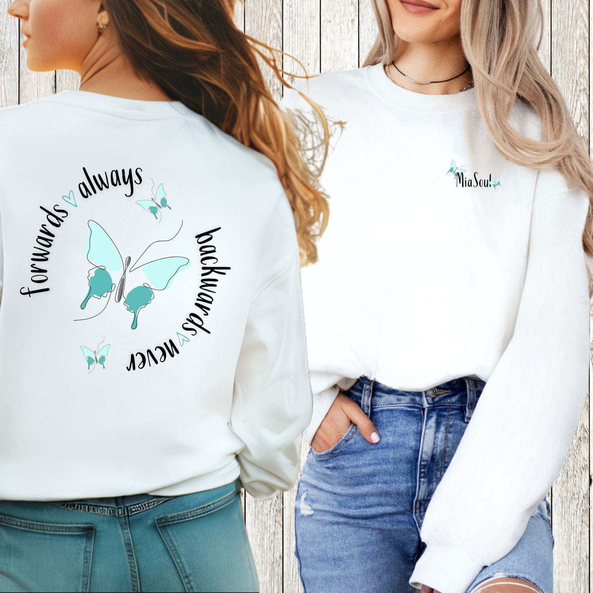 forwards always backwards never Sweatshirt – zweite Produktansicht