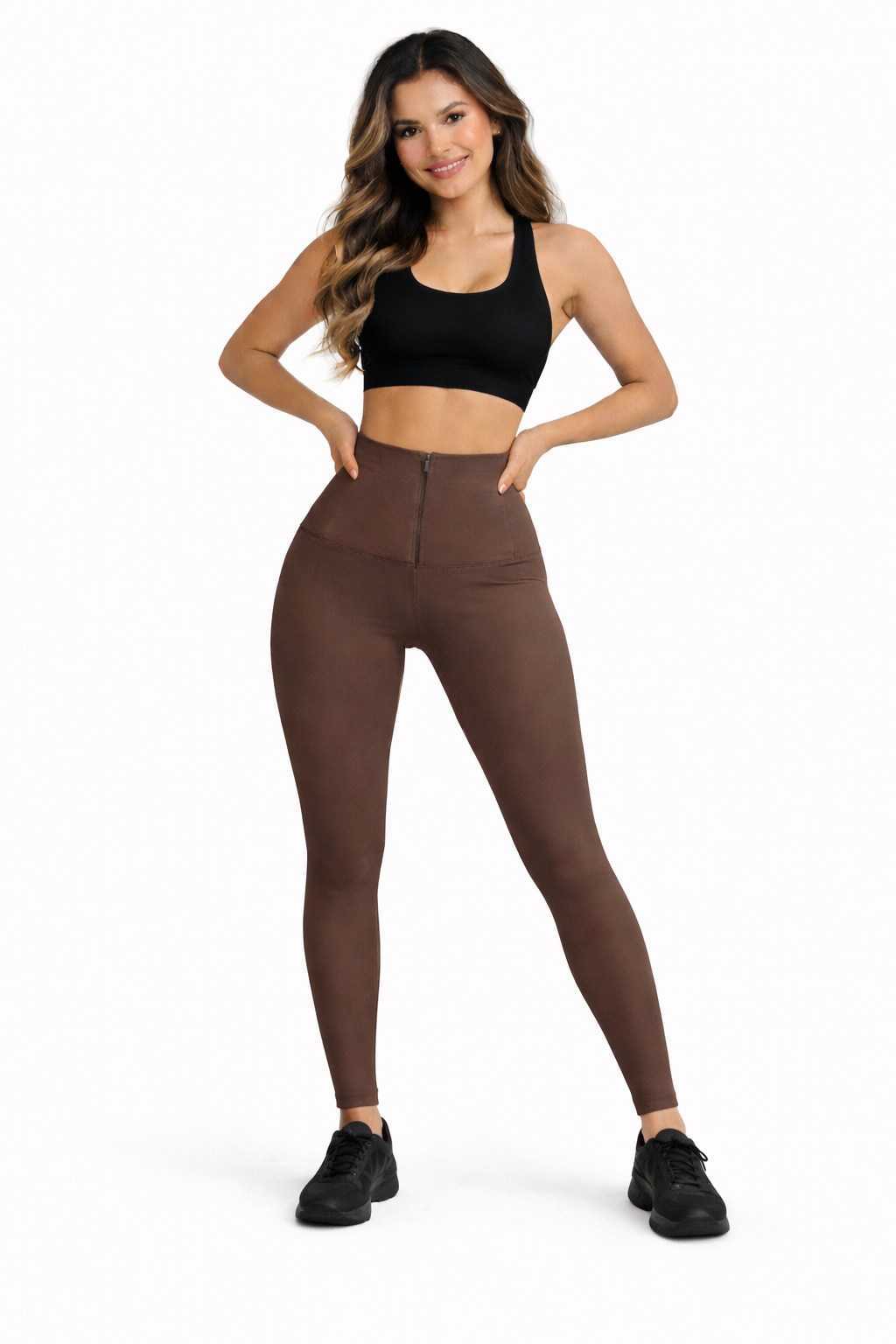 Formende High-Waist Leggings mit Reißverschluss Schoko